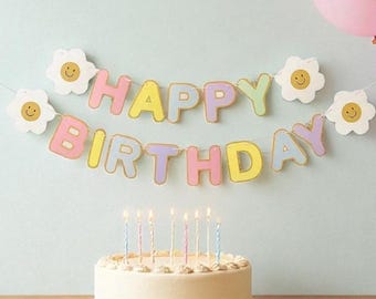 Bannière murale pastel joyeux anniversaire, décorations de fête d'anniversaire, banderoles murales, fête du premier anniversaire de bébés filles, décoration de fête pastel, guirlande