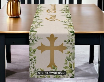 Table Runner For Christening, First Holy Communion or Baptism, Table Decoration, Table Cloth, God Bless Decoration, Botanical Green and Gold
