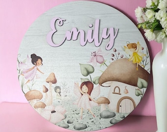 Letrero con nombre personalizado para puerta de dormitorio de hadas, guardería de hadas de flores, dormitorio de niñas rosa, decoración mágica de jardín de hadas encantado para habitación de niños