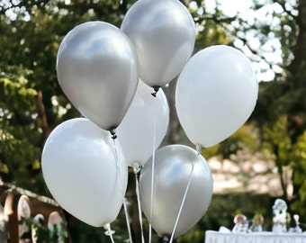 11” Silver and White Balloons for Wedding Decor, Wedding Balloons, Christening Decor, Anniversary Party, Birthday Decorations, Engagement
