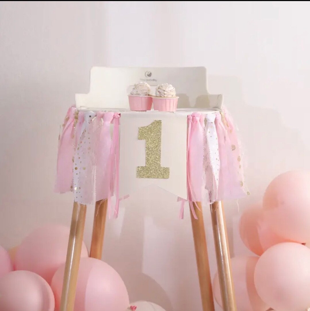 Pink First Birthday Highchair Banner, 1st Birthday Party Decorations ...