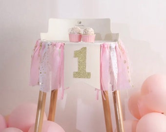 Pink First Birthday Highchair Banner, 1st Birthday Party Decorations, Babys First Birthday, Photo Prop, Cake Smash, Pink Party Decor