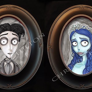 Corpse Bride Victor and Emily Framed Art Print Set Of Two By Artist Chris Oz Fulton Signed!!