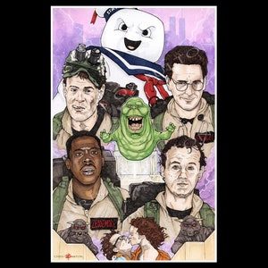 May include: A watercolor illustration of the Ghostbusters characters from the 1984 film. The illustration features the four main characters, Peter Venkman, Ray Stantz, Egon Spengler, and Winston Zeddemore, along with the Stay Puft Marshmallow Man and Slimer. The illustration is set against a purple and pink background with a cityscape in the background.