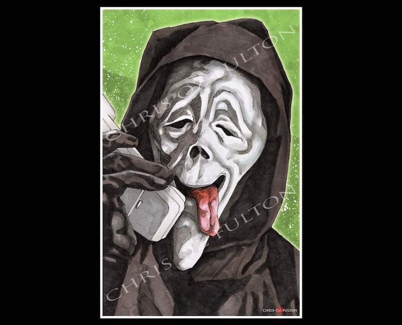 May include: A black and white illustration of a masked figure wearing a black hooded robe and holding a phone to their ear. The figure has a wide, toothy grin and a long, red tongue sticking out. The background is a green and white speckled pattern.