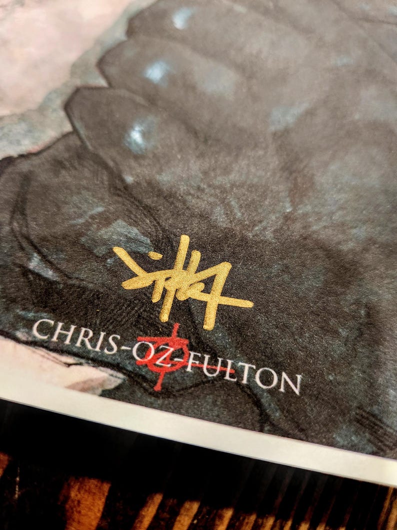 May include: A black and white image with a gold signature that reads "Chris-Oz Fulton" and a red Chinese character.