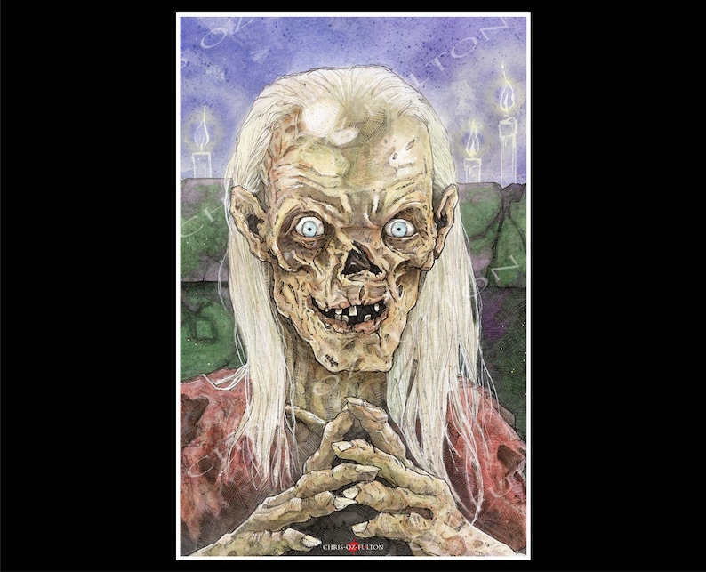 May include: A watercolour painting of a pale, skeletal figure with long white hair. The figure has a gaunt face with deep-set eyes and a wide, toothy grin. The figure is wearing a red robe and has its hands clasped together in front of its chest. The background is a dark blue with white candles.