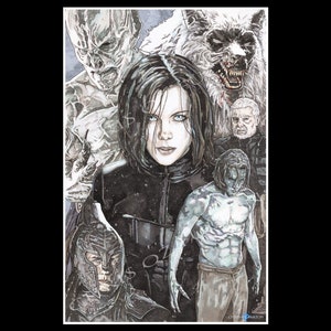 Puede incluir: Una ilustración en blanco y negro de un grupo de personajes de una historia de fantasía u horror. Los personajes incluyen una mujer con cabello negro largo, un hombre lobo, una criatura con dientes afilados y un hombre con barba. La ilustración está realizada en un estilo realista con sombreado y texturas detalladas.