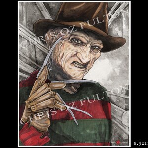 May include: A hand-drawn illustration of Freddy Krueger, the fictional horror character from the Nightmare on Elm Street film series. He is wearing a red and green striped sweater, a brown fedora, and has a menacing expression on his face. He is holding a glove with razor-sharp blades.