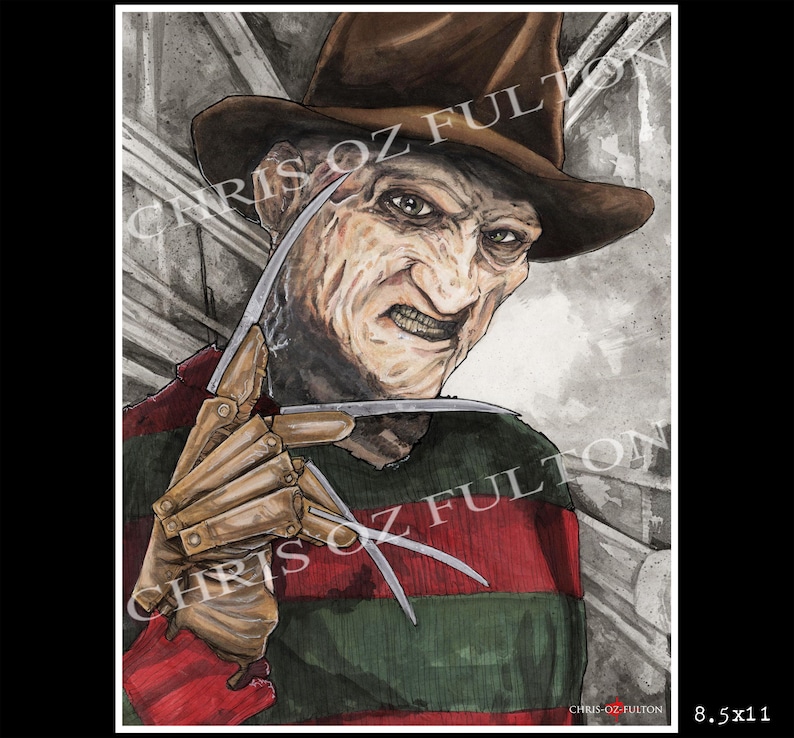May include: A hand-drawn illustration of Freddy Krueger, the fictional horror character from the Nightmare on Elm Street film series. He is wearing a red and green striped sweater, a brown fedora, and has a menacing expression on his face. He is holding a glove with razor-sharp blades.