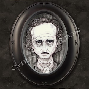 Lámina artística de Edgar Allen Poe enmarcada y firmada por el artista Chris Oz Fulton