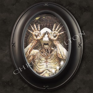 May include: A black oval frame with a white and beige illustration of a creature with its hands covering its eyes. The creature has a large mouth and a pale, skeletal appearance. The background is a dark, textured surface.
