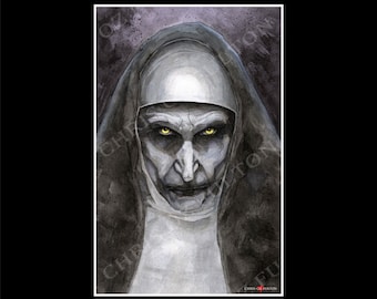 May include: A watercolor portrait of a nun with a stern expression and piercing yellow eyes. The nun is wearing a traditional black habit and white wimple. The artist's signature is visible in the lower left corner.