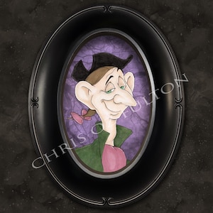 Peut inclure: Une illustration num&eacute;rique d'un homme avec un long nez et de grandes oreilles portant une veste verte, une chemise rose et un chapeau noir. L'illustration est sur un fond violet avec un motif tourbillonnant.