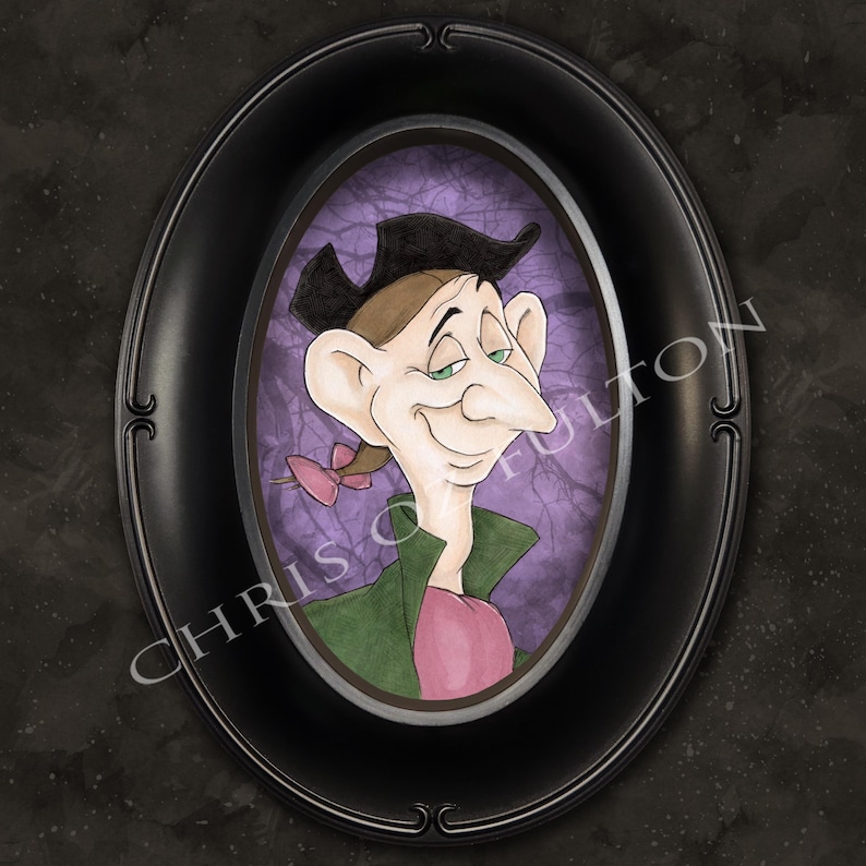Peut inclure: Une illustration num&eacute;rique d'un homme avec un long nez et de grandes oreilles portant une veste verte, une chemise rose et un chapeau noir. L'illustration est sur un fond violet avec un motif tourbillonnant.