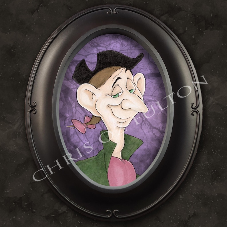 Peut inclure: Une illustration encadr&eacute;e d'un personnage de dessin anim&eacute; avec un long nez, des yeux verts et un n&oelig;ud rose dans les cheveux. Le personnage porte une veste verte et une chemise rose. L'arri&egrave;re-plan est une sc&egrave;ne de for&ecirc;t violette.