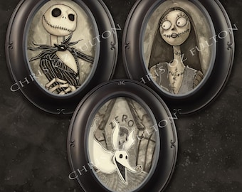 Ensemble de reproductions d'art encadrées L'Étrange Noël de l'Étrange Noël. Jack Skellington et Sally. Signé par l'artiste Chris Oz Fulton