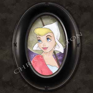 Peut inclure: Une illustration encadr&eacute;e d'une femme aux cheveux blonds portant un bonnet blanc et une robe rose. Elle tient un b&acirc;ton avec un tissu blanc attach&eacute; &agrave; l'extr&eacute;mit&eacute;. L'arri&egrave;re-plan est une aquarelle bleu clair et violette.