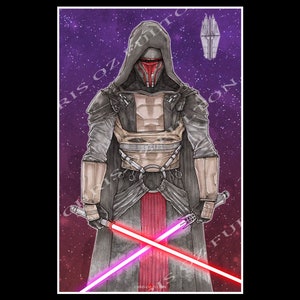 May include: A figure clad in dark clothing with a red and black mask holds two crossed lightsabers. The figure is standing in front of a purple and black starry background. The image is a digital illustration.