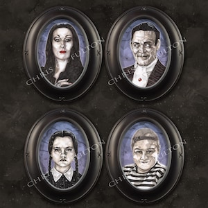 Addams Family Morcia Gomez Miedus and Pugsley gerahmter Kunstdruck 4er Set von Chris Oz Fulton signiert
