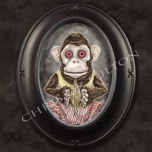 May include: A vintage-style oval portrait of a monkey wearing a yellow vest and red and white striped pants. The monkey has large, red eyes and is holding a pair of cymbals.