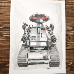 May include: A detailed illustration of a robot with a tracked base and articulated arms. The robot's body is primarily silver with black and red accents. The artwork is on a white background with a wooden texture.