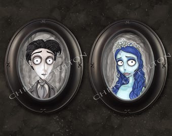 Corpse Bride Victor and Emily Framed Art Print Set Of Two By Artist Chris Oz Fulton Signed!!