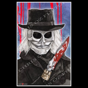 May include: A black and white illustration of a character from the horror film Puppet Master. The character is wearing a black top hat and a white mask with a sinister smile. The character is holding a bloody knife.