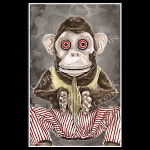 May include: A brown monkey toy with red eyes and a yellow shirt is playing cymbals. The monkey is wearing red and white striped pants.