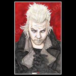 May include: A watercolor painting of a man with white hair and a black leather jacket. He is looking directly at the viewer with a serious expression. The background is a solid red color.