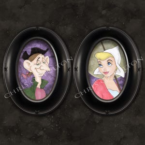 Peut inclure: Deux portraits ovales dans des cadres noirs avec des d&eacute;tails orn&eacute;s. Le portrait de gauche repr&eacute;sente un homme avec une veste verte, une chemise rose et un chapeau. Le portrait de droite repr&eacute;sente une femme avec un bonnet blanc et une robe rouge.
