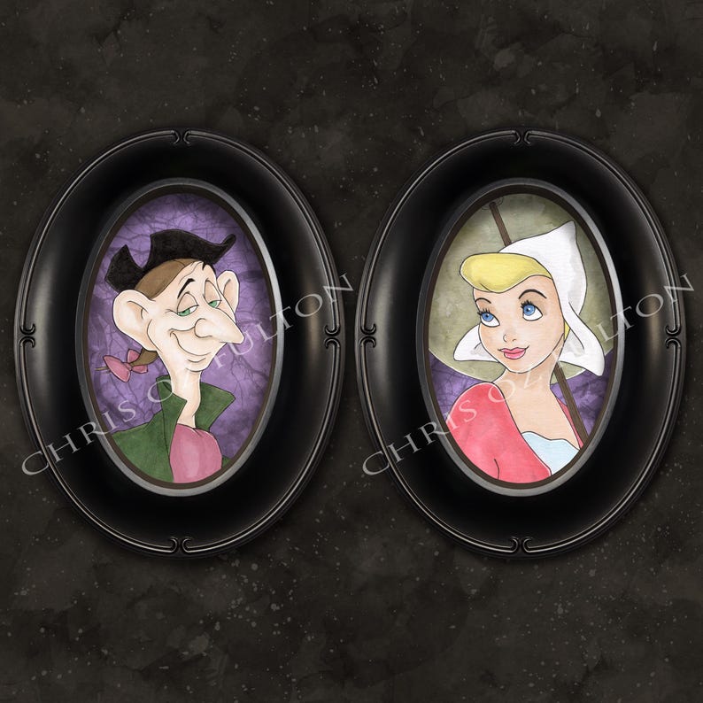 Peut inclure: Deux portraits ovales dans des cadres noirs avec des d&eacute;tails orn&eacute;s. Le portrait de gauche repr&eacute;sente un homme avec une veste verte, une chemise rose et un chapeau. Le portrait de droite repr&eacute;sente une femme avec un bonnet blanc et une robe rouge.