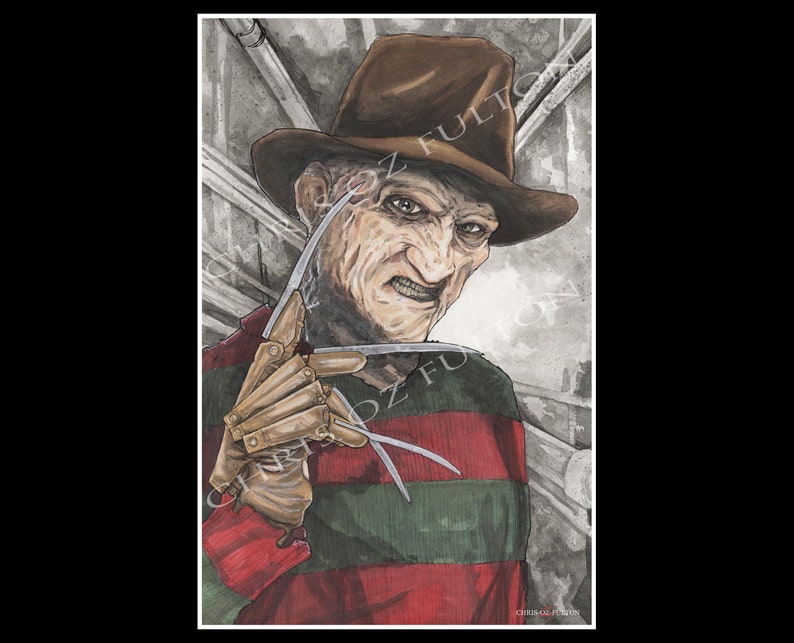 May include: A hand-drawn illustration of Freddy Krueger, the fictional horror character from the Nightmare on Elm Street film series. He is wearing a brown fedora, a red and green striped sweater, and a glove with razor-sharp blades. The background is a gray and white abstract pattern.