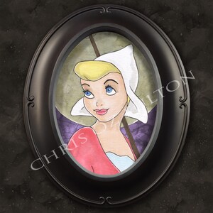 Peut inclure: Une peinture &agrave; l'aquarelle d'une femme aux cheveux blonds portant un bonnet blanc et une robe rouge. La peinture est encadr&eacute;e dans un cadre ovale noir.