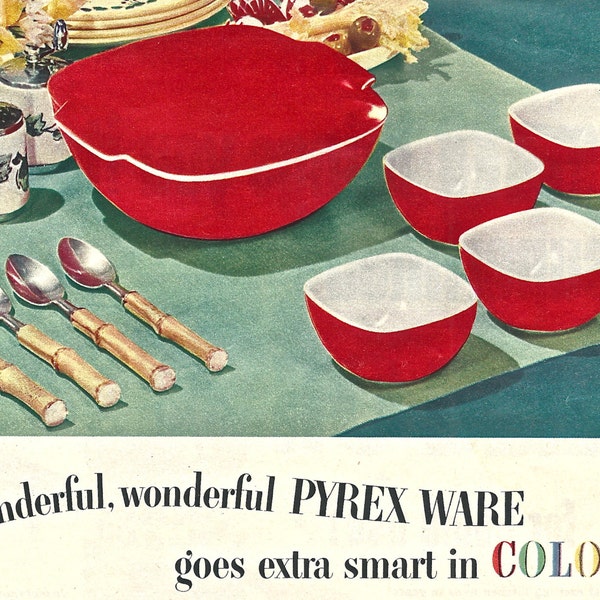 1950X Vintage PYREX Ad + Free Betty Crocker Ad Included Magazine Advertisement Retro Kitchen Red Bowls Dishes Vintage Homemaker Wall Art