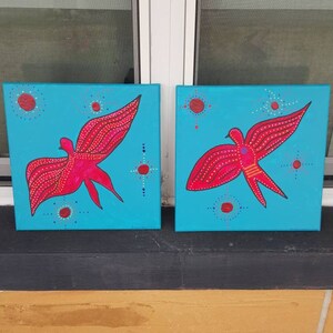 Abstract Bird Art Acrylic Original Birds Nature Blue Red Artistic Paintings Wallart Home Decor Home Accent Art Signed