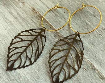 Gold leaf hoop earrings
