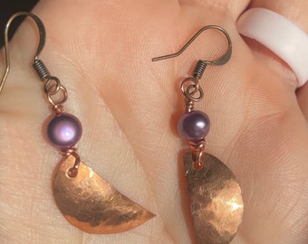 Pendientes colgantes de luna y perla de cobre