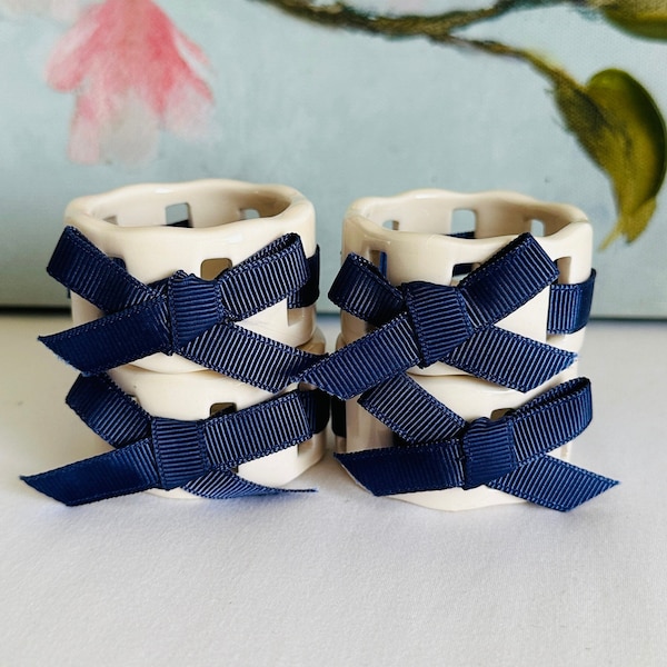 Blue Ribbon Lattice Napkin Rings - Set of 4, Reticulated, Woven, Grand Millennial, Cottagecore, Vintage Spring, Ceramic, Farmhouse