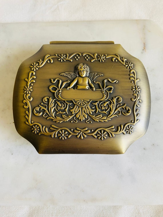 Cupid Angel Display Treasure Chest with Lid 1960s Vintage Brass Glass Box