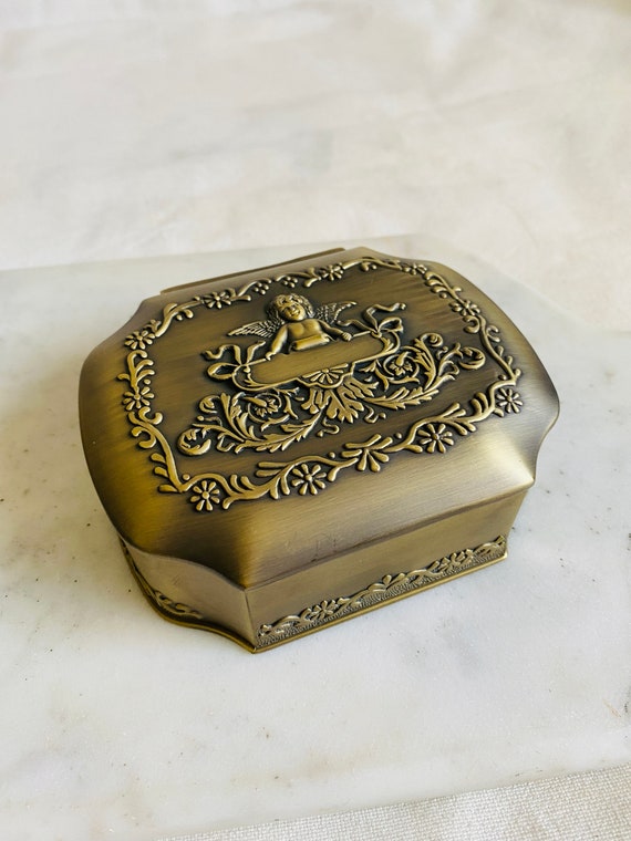Cupid Angel Display Treasure Chest with Lid 1960s Vintage Brass Glass Box