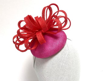 Pink and Red Button Hat, Small Sinamay Hat, Pink Sinamay Hat, Wedding Guest Hat, Race Hat, Pink and Red Fascinator, Pink Cocktail Hat