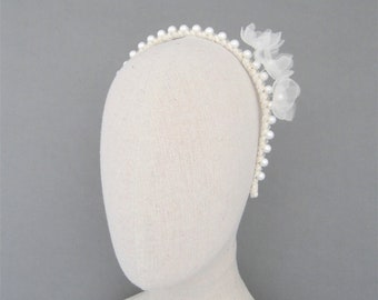 Pearl Wedding Headband, Organza Flower and Pearl Headpiece, Bridal Pearl Headband, Wedding Flower Headpiece, Pearl Wedding Tiara