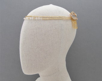 Wedding Gold Beaded Headband, Vintage Brooch Headpiece, Art Deco Gold Headband, Gold and Crystal Bead Headpiece, 1920s Bride, Vintage Bride