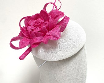 Pink and White Hat, Pink and White Sinamay Hat, Pink Cocktail Hat, Pink and White Flower Hat, Wedding Guest Hat, Women's Race Hat