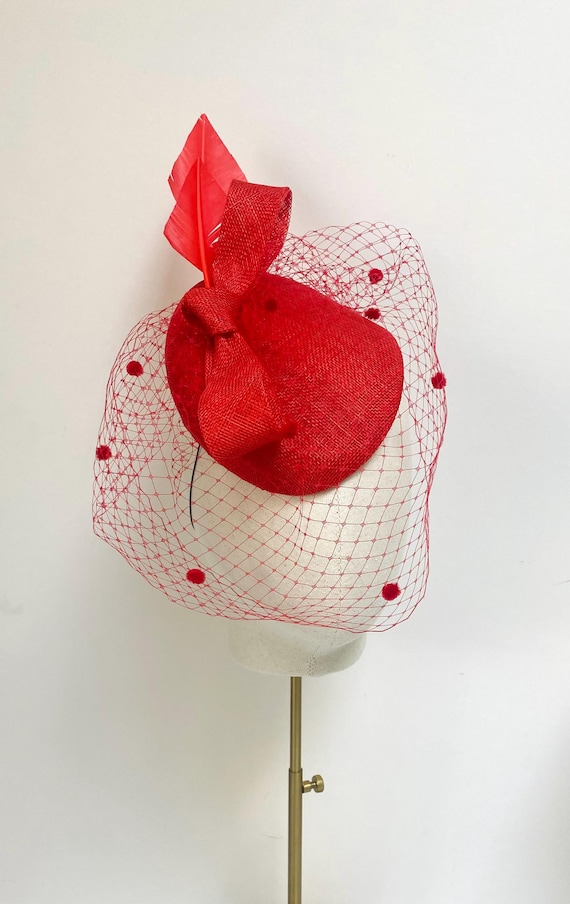 Bright Red Hat, Red Cocktail Hat, Red Sinamay Hat, Red  display picture 2
