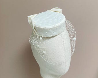 Ivory Satin Wedding Pillbox Hat with Bow, Detachable Veil