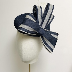 Navy Blue Wedding Hat, Kentucky Derby Hat, Race Hat, Mother Of The Bride Hat, Mother Of The Groom Hat, Ascot Hat, Blue and White, Bow Hat