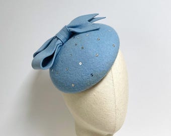 Pale Blue Felt Button Hat, Ascot Hat, Light Blue Wedding Hat, Pale Blue Hat, Winter Wedding Hat, Cocktail Hat, Wedding Guest Hat