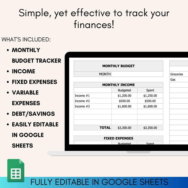 Simple Monthly Budget Tracker | Google Sheets Template - Etsy